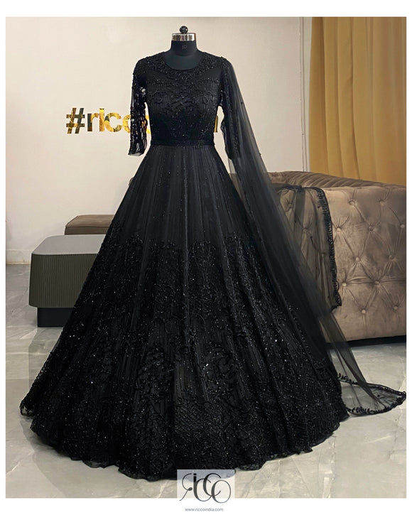 black satin long embroidered gown style suit 5021 | Party wear evening gowns,  Designer dresses indian, Indian gowns